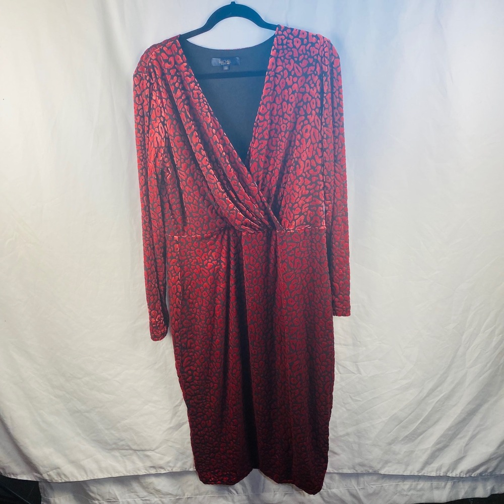 Rachel Roy Velvet Pink Black Leopard Print VNeck Sheath Dress Punk Whimsigoth 1X - Picture 3 of 10
